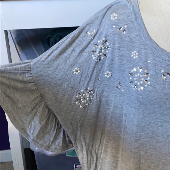 Gray Embroidered Flutter Sleeve Blouse - Picture 2 of 5